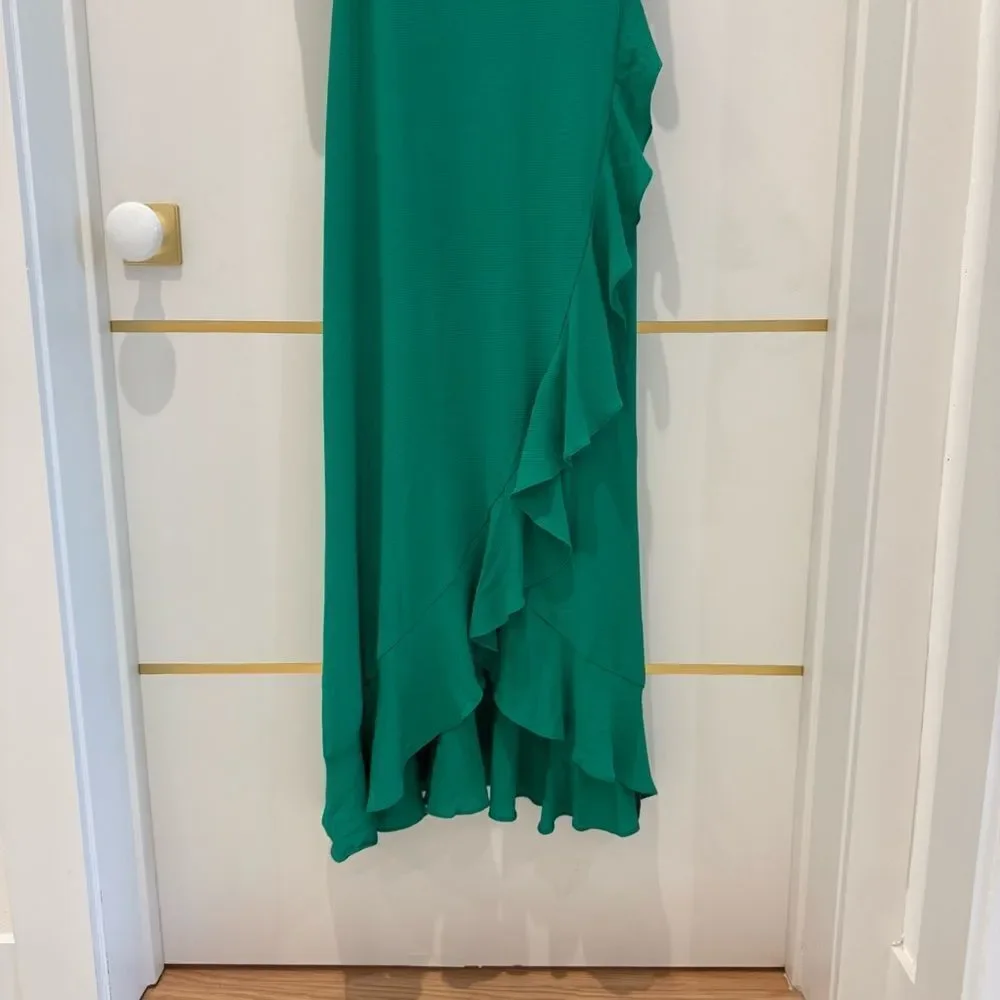 London Times dress green maxi off shoulder ruffle high low holiday party 4